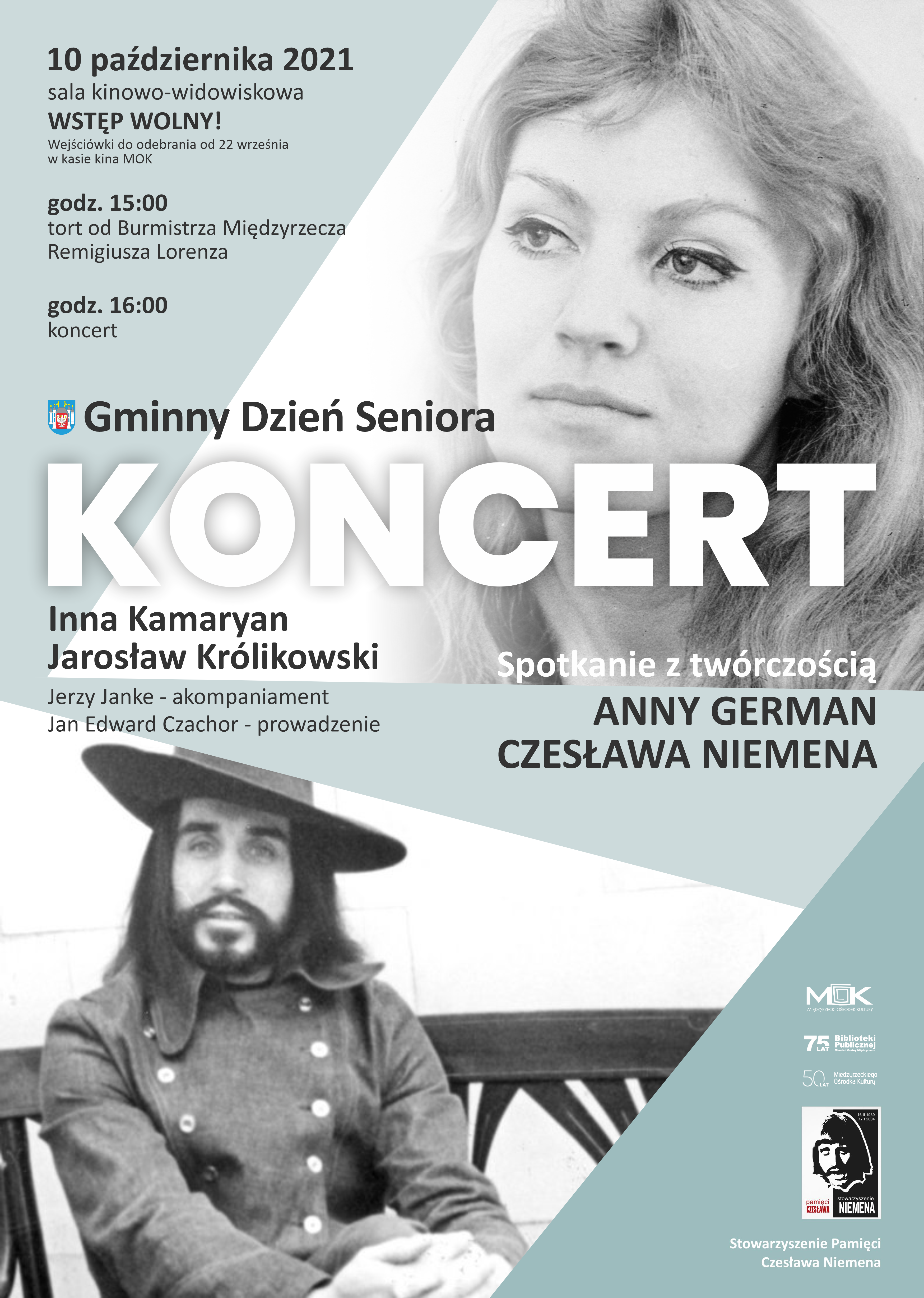 Plakat promujący Gminny Dzień seniora i spotkanie z twórczością Anny German oraz Czesława Niemena.