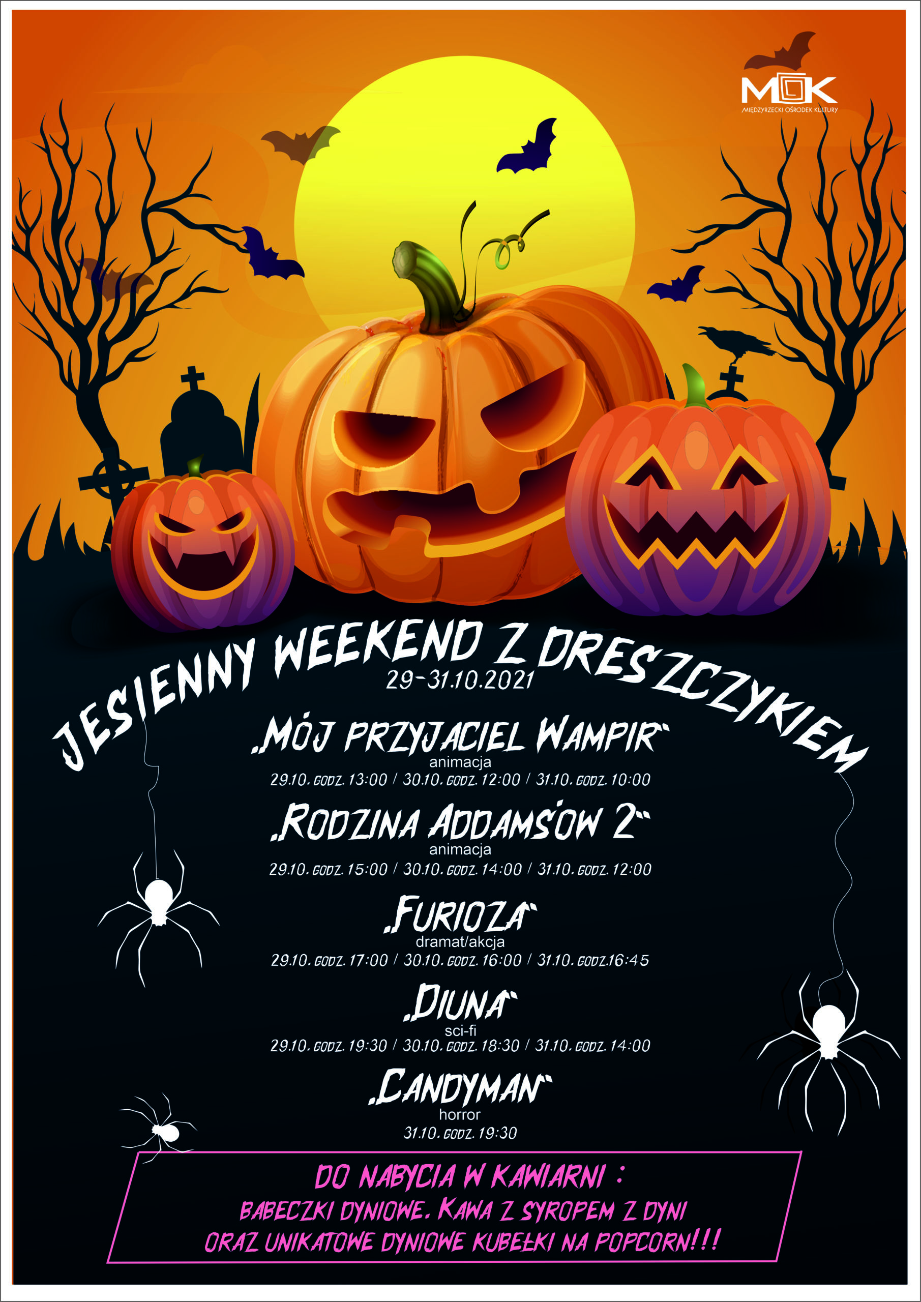 Plakat promujący jesienny weekend z dreszczykiem - seanse filmowe z okazji halloween